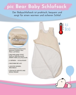 pic Bear Babyschlafsack mitwachsend - atmungsaktiv, Kord Ivory, 62/68 : Kord Ivory