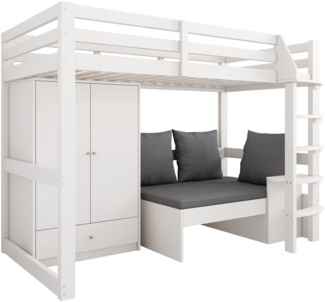 Hochbett Kleiderschrank und Sofa (90x200 cm) Kinderbett mit Rausfallschutz und Trittleiter, Jugendbett, Kiefer