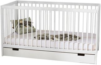 Kids Collective Kinderbett Babybett Gitterbett 60x120 und 70x140 cm höhenverstellbar, mit Schublade und Matratze weiß 70x140 cm von Geburt bis 6. Lebensjahr