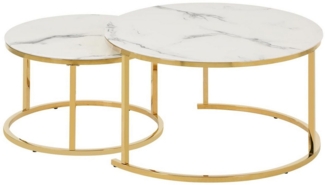 HOOZ Couchtisch Couchitsch 2er Set Rund Gold Marmor weiß (Wohnzimmertisch, 2 Tische), Höhe 45 cm