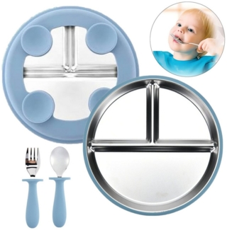 Mutig Kindergeschirr-Set 3 Stück Edelstahl Baby Teller mit Silikon Saugnapf mit Löffeln&Gabeln, 1 Personen, Spülmaschinenfest & BPA Frei mit Unterteilung,Für Kinder geeignet