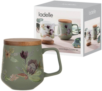 Ladelle Becher Leura Becher- & Untersetzerset grün, Porzellan / Akazie
