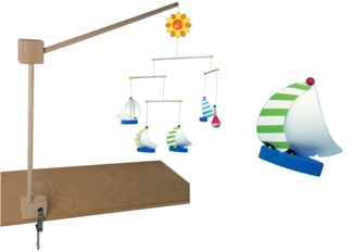 Mobilehalter Holz - 100 % Naturprodukt - mit fröhlichem Mobile SEGELSCHIFFE