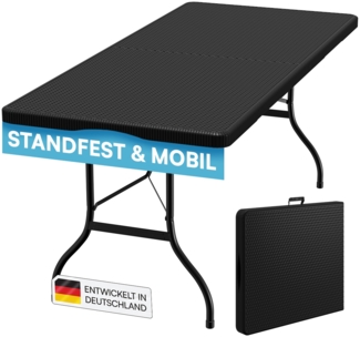 STEELSØN 'Zennar' Gartentisch für 8 Personen, zusammenklappbar, Rattanoptik schwarz, 180x74x74 cm, wetterfest, Klapptisch inkl. Tragegriff