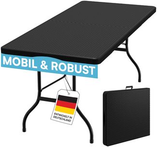 STEELSØN 'Zennar' Gartentisch für 8 Personen, zusammenklappbar, Rattanoptik schwarz, 180x70x74 cm, wetterfest, Klapptisch inkl. Tragegriff