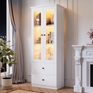 Merax Standvitrine schmal Glasvitrine mit LED und USB-Anschluss (inkl. Fernbedienung, Hochschrank Standregal Schrank Vitrine) Vitrinenschrank mit verstellbaren Fachböden und 2 Schubladen, H:165cm