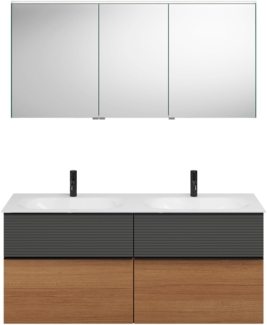 Burgbad FIUMO Waschtisch Set mit Spiegelschrank 142 cm breit, Anthrazit/Braun, Doppelwaschbecken Gussmarmor Weiß, 4 Schubladen, Anschlag rechts