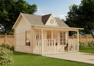 Alpholz Gartenhaus CLOCKHOUSE® Oxford 44 ISO Gartenhaus aus Holz Holzhaus mit 44 mm Wandstärke inklusive Terrasse Blockbohlenhaus mit Montagematerial