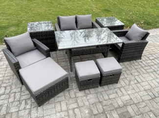 Fimous 7 Sitzer Polyrattan Gartenmöbel Set Terrassenmöbel Set mit Rattan Rechteckiger Esstisch Lounge Sofa mit 3 Fußhockern 2 Beistelltischen