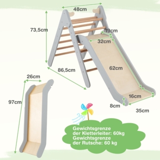 Kletterdreieck mit Rutsche Klettergerüst aus Holz Sprossendreieck zum Rutschen und Klettern Grau