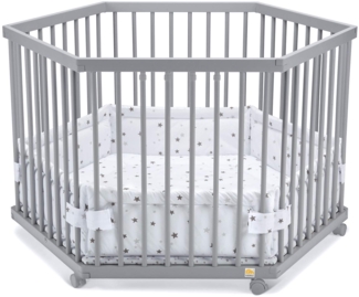 FabiMax Baby Laufgitter 6-eck Grau lackiert, stufenlos höhenverstellbar, mit Schlupfsprossen, Laufstall aus massivem Buchenholz (Graue Sterne)