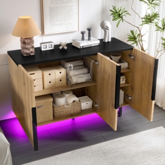 Sideboard, Robustes Retro-Design mit LED-Beleuchtung höhenverstellbare Böden und Füße, Holz+Metall, Natur,