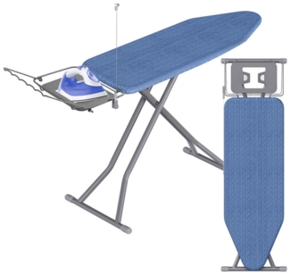 SONGMICS Bügelbrett, 122 x 38 cm Bügelfläche, Bügeltisch höhenverstellbar, klappbar, mit Kabelhalter, Bügeleisenablage, Haken, für Dampfbügelstation, mitternachtsblau-Taubengrau