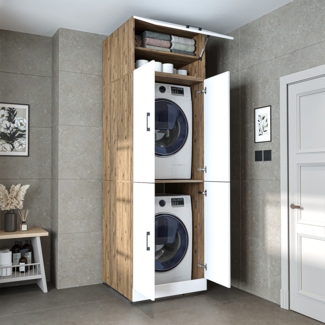 Roomart Waschmaschinenschrank - SERIE DORA 2 – Überbauschrank für Waschmaschine & Trockner mit Regalböden – Waschturm für Waschküche & Hauswirtschaftsraum - mit Aufsatzschrank • Weiß Eiche