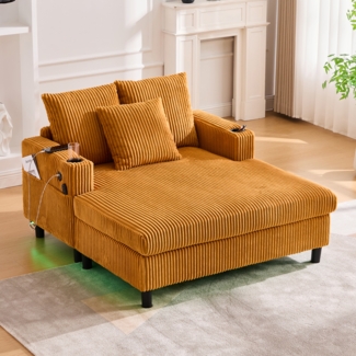 LVHOM Schlafsofa mit LED & USB, Cordstoff Palmensessel, Loungesofa mit Seitentaschen & Getränkehalter, 350kg Tragkraft, 128x85x142 cm, Gelb