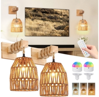LMaxhome LED Wandleuchte Vintage Wandlampe Innen mit Fernbedienung, Rattan Boho Lampenschirm, 2St, LED wechselbar, 3000 K/4500 K/6500 K und RGB-Farbe, mit E27 Wiederaufladbarer Dimmbar Glühbirne für Schlafzimmer Flur