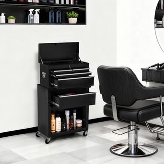 BarberPub 2 in 1 Friseurwagen mit 5 Schubladen, Schrank & 6 Haken, Bedienungswagen mit Rollen, Friseur Arbeitswagen Abschließbar, Beauty Salon Trolley Metall, 0097