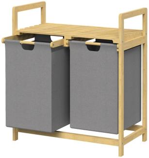 ML-DESIGN Wäschekorb Wäschebox mit 2 Fächern aus Bambus und Stoff für Badezimmer, Wäschesäcken 60L mit Stabiles Holzgestell Grau 73x63x33cm Wäschetruhe