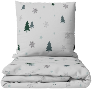 Leonado Vicenti Bettwäsche Winter flauschig warm, Fleece, 2 teilig, Thermofleece kuschelig weich, Tannen und Schneeflocken