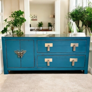 Vintage TV-Stand Stahlblau Kommode Sideboard Lowboard chinesisch asiatisch Kolonial-Stil Antik-Stil Schrank orientalisch Fernost shabby-chic Landhaus