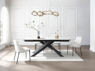 Vente-unique - Esstisch für 8 bis 12 Personen ausziehbar - Keramik, Sicherheitsglas & Metall - Marmor-Optik Weiß & Anthrazit - COREMA von Maison Céphy