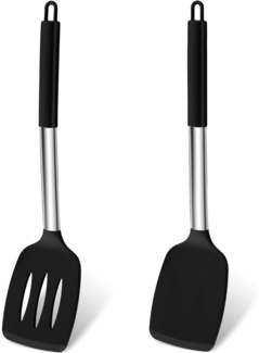 Homikit Silikon Pfannenwender Set Schwarz Edelstahlgriff 2er Kochbesteck