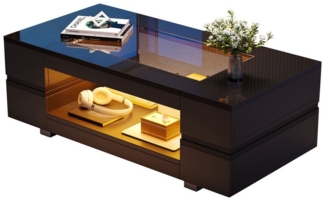 Merax Couchtisch hochglanz Sofatisch Beistelltisch mit LED-Beleuchtung (1-St, 1 Tisch), Wohnzimmertisch mit Stauraum & Glas, 100x50x35cm
