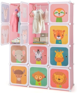 COSTWAY Kinderkleiderschrank mit 2 Kleiderstängen und 12 Würfeln, erweiterbar