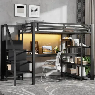 Hochbett mit Schreibtisch, LED-Streifen, Kleiderschrank, Regal, Treppe, Steckdose, USB, Rausfallschutz, 140x200cm, Kinderbett, Metallbett