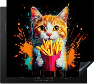 MuchoWow Herd-Abdeckplatte Katze - Essen - Pommes frites - Graffiti - Abstrakt, Vinyl, (1 tlg), Küche Herdabdeckplatte Ceranfeld Vinyl Einteilig, 59x52 cm
