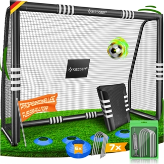 KESSER® Fußballtor mit Polsterung, Erdhaken, Luftpumpe & Hüttchen, Stahlrahmen schwarz, 240x160 cm