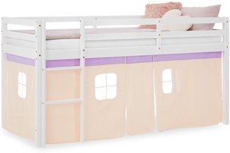 Hochbett Kinder 90x200 cm Kinderbett Kinderhochbett Stockbett Vorhang Lila Peach Leiter Holz Massiv