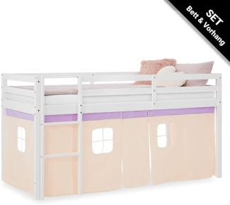 Hochbett Kinder 90x200 cm Kinderbett Kinderhochbett Stockbett Vorhang Lila Peach Leiter Holz Massiv