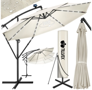 tillvex Alu Ampelschirm Beige LED Solar Ø 350 cm mit Kurbel | Sonnenschirm mit An-/Ausschalter | Gartenschirm UV-Schutz Aluminium | Kurbelschirm mit Ständer Marktschirm wasserdicht