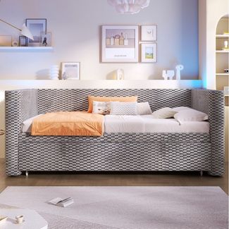 Odikalo Schlafsofa Schlafcouch Tagesbett 90x200 mit Lattenrost, Daybett, Schlafsofa, 90 × 200 cm, 180 × 200 cm, multifunktionales Ausziehbett-Design mit LED-Lichtleiste, Lattenrost (ohne Matratze), Samt, Grau / Beige