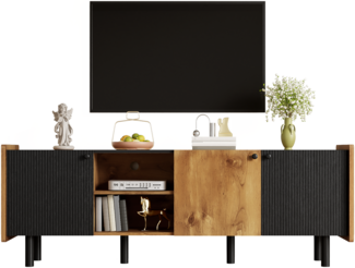 LVHOM TV-Lowboard mit Türen und Metallbeine, Fernsehtisch 160 cm, TV Ständer Holz, TV Schrank Mid Century, TV Ständer Eiche/Schwarz