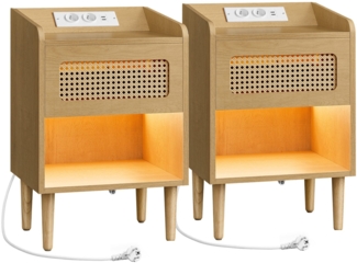 VASAGLE BOHOVEN Kollektion - Nachttisch mit Ladestation 2er Set, Beistelltisch mit Bewegungsensor, Couchtisch Rattan-Optik, Massivholzbeine, Schlafzimmer, Boho-Stil, eichenbeige LETDE817Y02V1