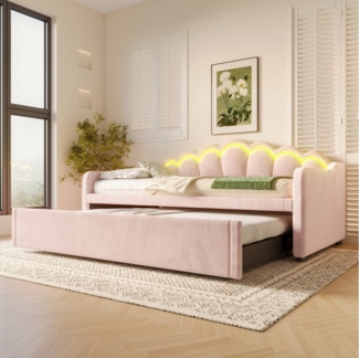 Merax Daybett 90x200 cm/180x200 cm Tagesbett mit Ausziehbett (1 tlg), Polsterbett mit LED-Streifen, Schlafsofa Kinderbett, Samt