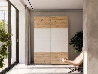 Schiebetürenschrank >SCHACH&MATT 2< in Weiss / Artisan Eiche - 150,1x210,5x61,2cm B/H/T