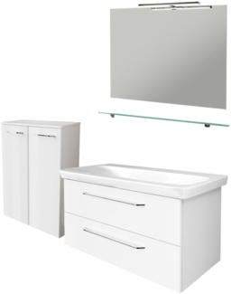 FACKELMANN MILANO Badmöbel Set 6-teilig, 107 cm breit, Weiß, Waschbecken Keramik, Spiegel+Leuchte+Ablage+Schrank