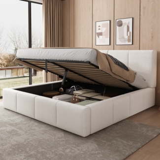 Polsterbett Doppelbett, hydraulisches Funktionsbett mit Lattenrost Kopfteil und großem Stauraum, Bouclé, Beige, 180 x 200 cm