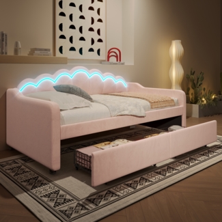 Merax Daybett, 90x200cm, Kinderbett, Einzelbett, Tagesbett mit Schubladen, Schlafsofa, (ohne Matratze), Samt, Farbwechselbarer LED-Streifen, Rosa