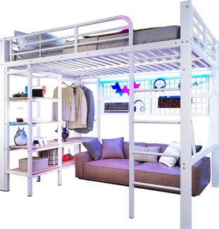 Hochbett mit Regal, LED-Beleuchtung, Kleiderstange, Wandgitter, Leiter, Rausfallschutz, 140x200cm, Kinderbett, Metallbett