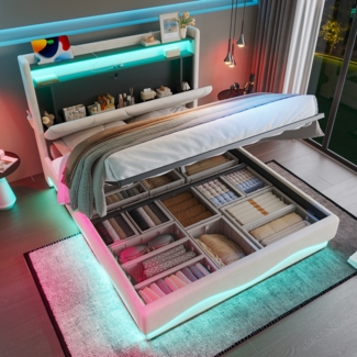 Flieks Doppelbett 160 x 200CM Polsterbett – Kopfteil mit LED und Ablageflächen, extra Stauraum unten, mit Lattenrost, USB-Anschlüsse, Beige