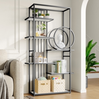 Merax 180 cm Bücherregal Metallregal, Regal mit 6 Ablagen, Standregal, geometrische Struktur, weiß + schwarz