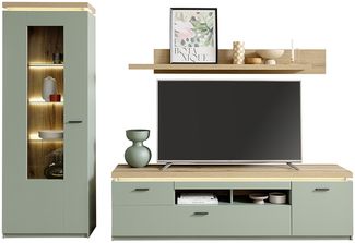 Wohnwand >MONIZ< (3-teilig) mit LED, Salbei grün/Eiche Evoke Dekor - 280x198x44 (BxHxT)