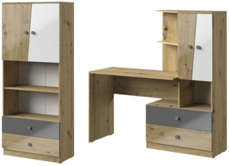Arbeitszimmer Set "Nero" 2-teilig artisan eiche weiß grau Hochglanz