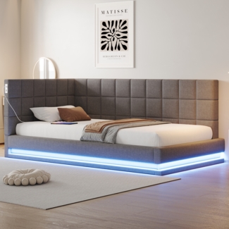 Merax Daybett Einzelbett Polsterbett 90x200cm mit USB & LED, Tagesbett Schlafsofa mit Lattenrost, Jugendbett Gästebett Funktionsbett, Samt, Grau