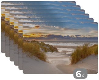 MuchoWow Platzset Strand - Düne - Gras - Sonnenuntergang - Meer, (6-St), Platzsets, Tischset, Abwaschbar, Tischsets, Platzdeckchen
