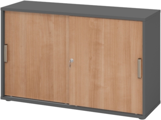 bümö Schiebetürenschrank 2OH - Aktenschrank abschließbar, Sideboard Schrank mit Schiebetüren in Graphit/Nussbaum, Streifengriff - Büroschrank aus Holz mit Schiebetür, Büro Kommode für Ordner & Co, 1752S-G-N-SG